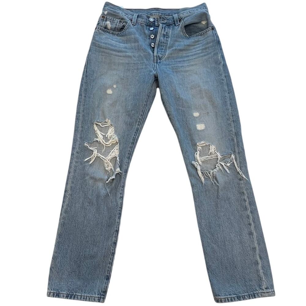 Vintage Levi's 501 Button Fly‎ Women's Distressed Straight Denim Jeans 27x28